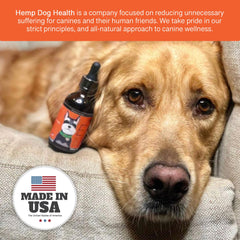 Hemp Dog Health Ease USA-made label close-up emphasizing quality.