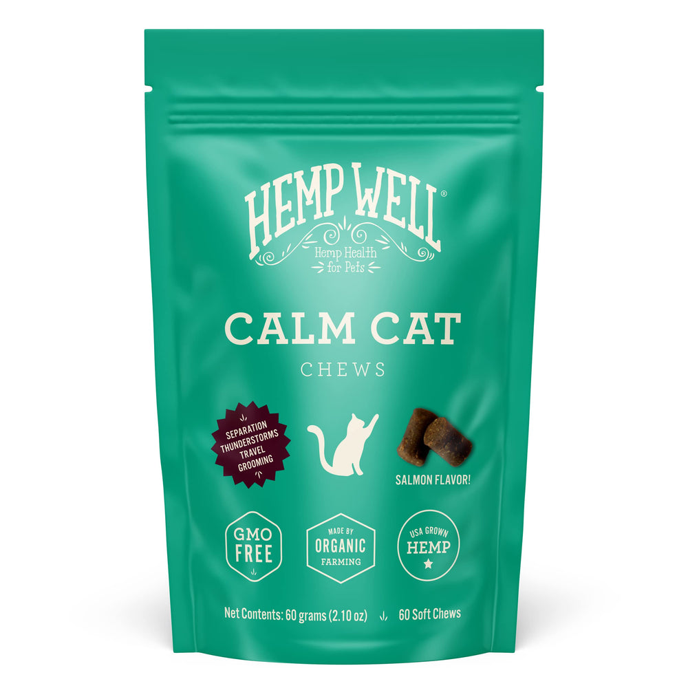 Hemp Well Calm Cat Soft Chews bottle front supports calmer demeanor for anxious cats.