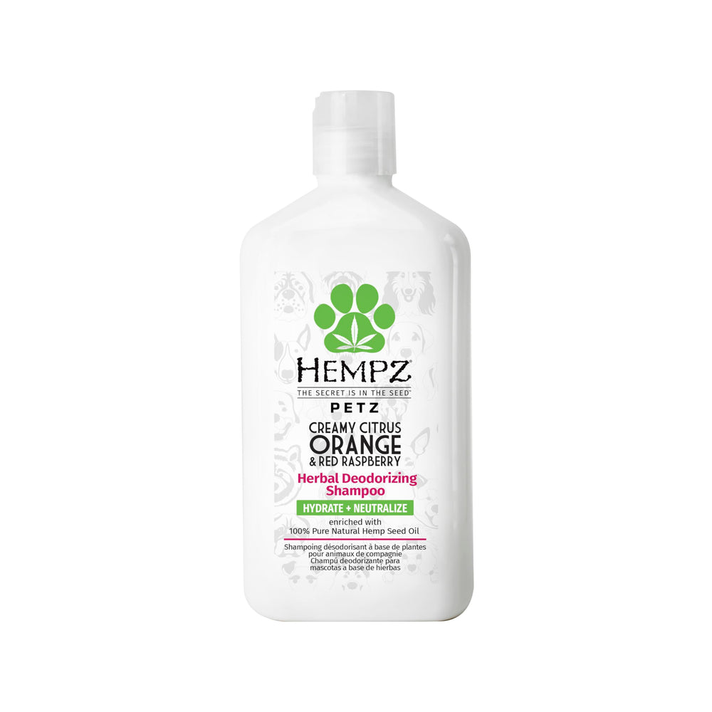 Hempz Petz dog shampoo bottle highlighting hemp seed oil and citrus scent for a fresh coat.