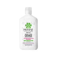Hempz Petz dog shampoo bottle highlighting hemp seed oil and citrus scent for a fresh coat.