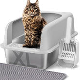 Henkelion stainless steel litter box front view with lid, spacious for big cats