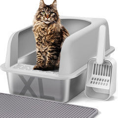 Henkelion stainless steel litter box front view with lid, spacious for big cats
