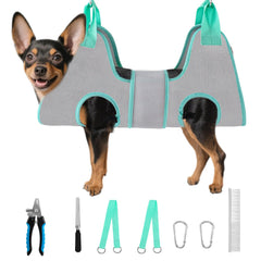 Henyopet dog grooming hammock front view shows secure setup for calm nail trimming.