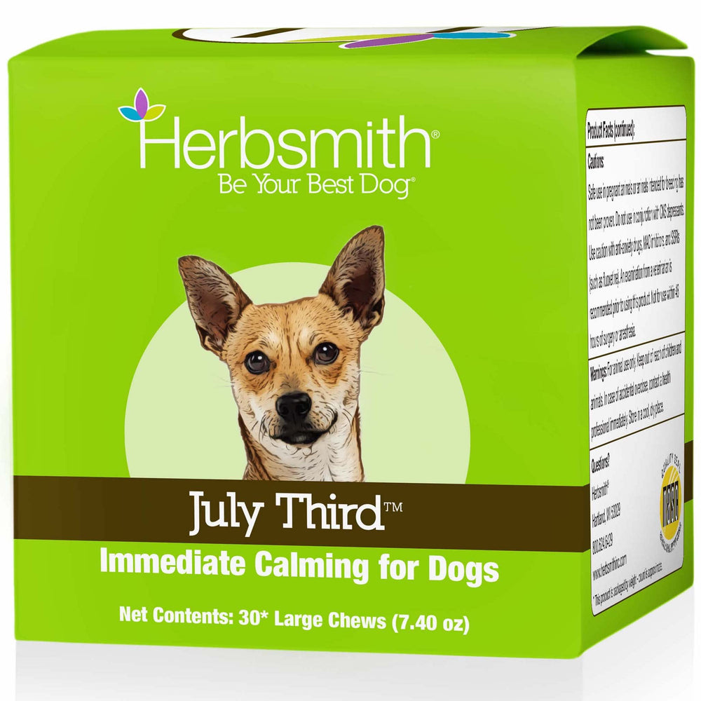 Herbsmith July Third canine calming chews jar front offering quick stress relief