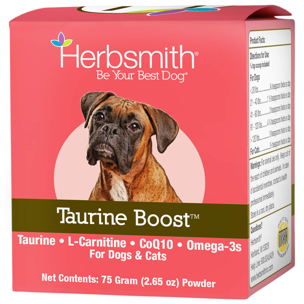 Herbsmith Taurine Boost bottle label shows heart-supporting formula in a clean package