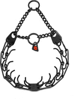Herm Sprenger black stainless prong collar closeup shows durable, rust-resistant construction for long-lasting training.