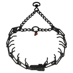 Herm Sprenger black stainless steel dog collar with centered ClicLock buckle for precise training and quick release.