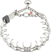 Herm Sprenger collar center plate closeup demonstrates balanced neck pressure for safer training.