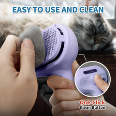 HeroKitty Dog Brush steam release-button enables quick cleanup of hair during grooming.