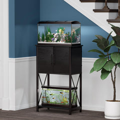 Herture fish-tank-stand-side-view highlights sleek black design and compact footprint.