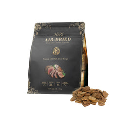 Herz air-dried venison-duck-liver dog food bag highlights grain-free, high-protein nutrition.