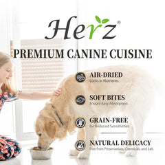 Herz ingredients shot emphasizes venison and duck liver with wholesome vegetables.