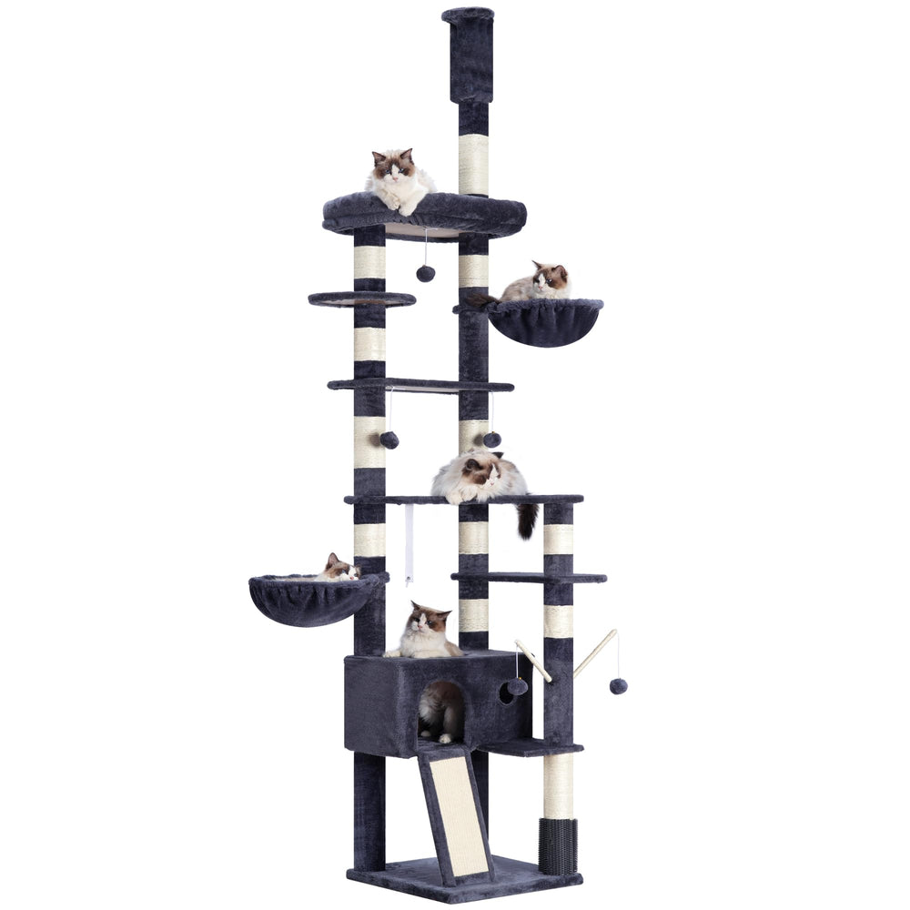 Hey-brother cat tree demonstrates ceiling-height adjustability for tall rooms and flexible setup.