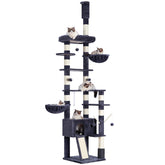 Hey-brother cat tree demonstrates ceiling-height adjustability for tall rooms and flexible setup.