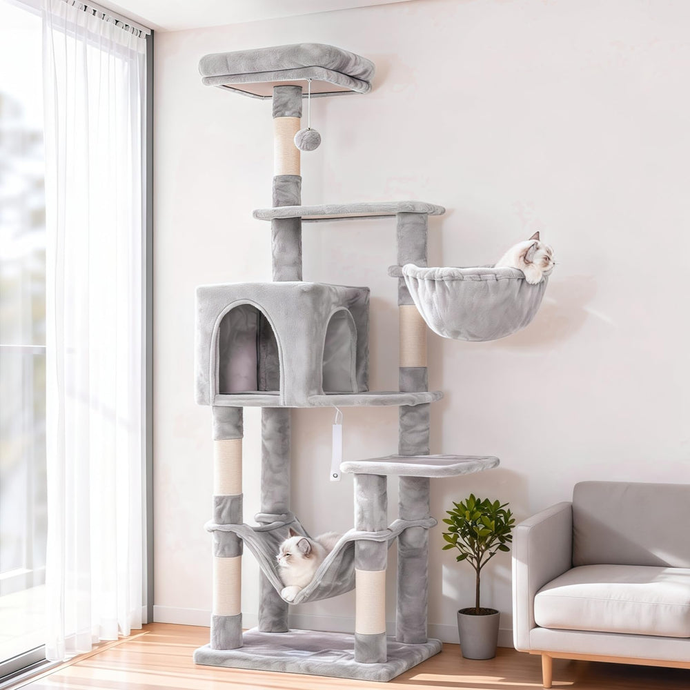 Hey-brother cat tree side view shows multi-level hammock for relaxed cat lounging