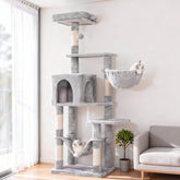 Hey-brother cat tree side view shows multi-level hammock for relaxed cat lounging