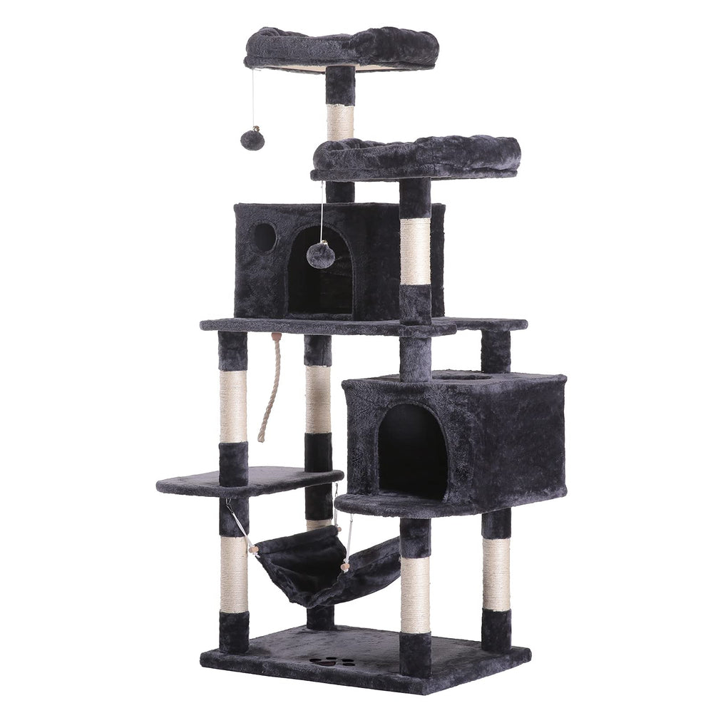 Hey-brother cat tree Smoky Gray with multi-level structure enhances climbing fun and space-saving design for curious climbers.