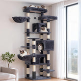 Hey-brother cat-tree smoky gray outer view emphasizes stability and elevated lounging space.