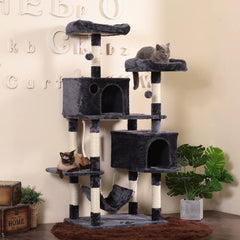 Hey-brother cat tree Smoky Gray top platforms offer comfy perches for lounging and observation.