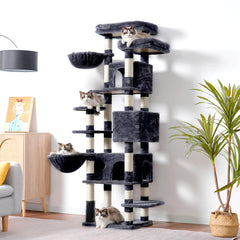 Hey-brother cat tree three condos close-up showcases cozy hideaways for multiple cats.