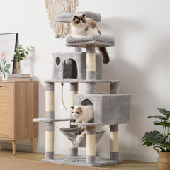 Hey-brother cat tree two-condos offering cozy spaces for multiple cats.