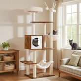 Hey-brother wooden cat tree in room view enhances home decor while providing vertical play.