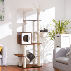 Hey-brother wooden cat tree with vintage gray finish complements interiors and hides clutter.