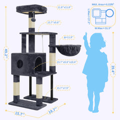 Heybly cat tree smoky gray cat house offers privacy and naps.