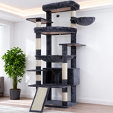 Heybly tall cat tree with oversized base plate for stable use with large cats.