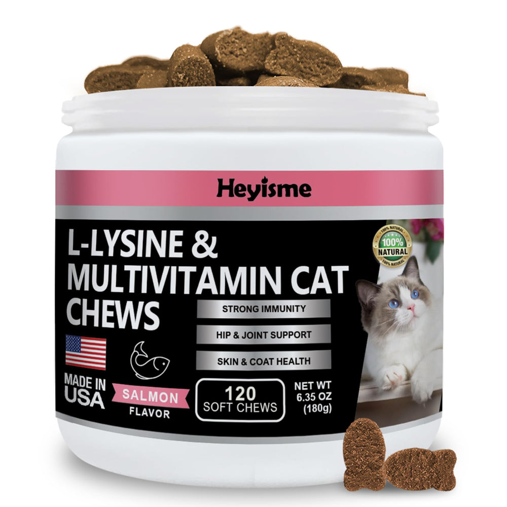 HEYISME Lysine for cats bottle highlights salmon-flavored supplement for immune and respiratory wellness.