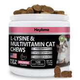 HEYISME Lysine for cats bottle highlights salmon-flavored supplement for immune and respiratory wellness.