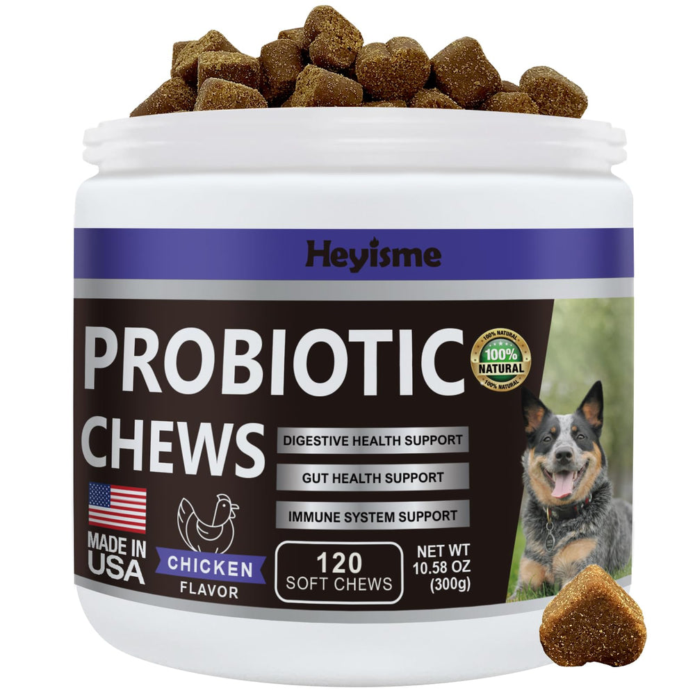 HEYISME Probiotics for Dogs bottle showing premium gut health formula