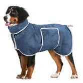 HhiMyOct dog bathrobe blue medium front view demonstrates full coverage and quick drying