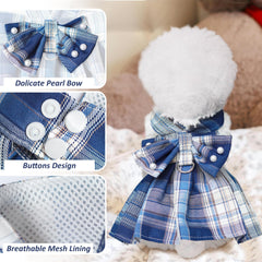 HhiMyOct plaid pattern detail on dog dress with pearls elevating everyday wear.