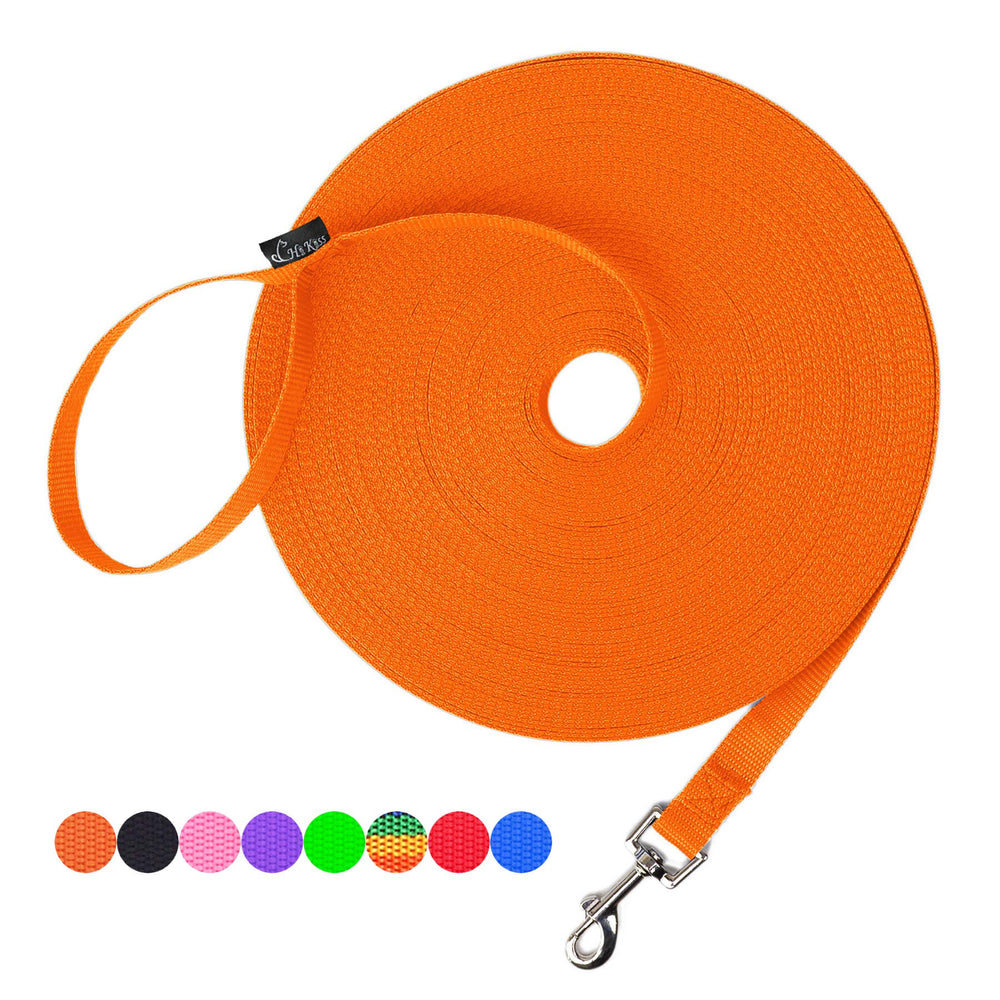 Hi Kiss dog leash 100ft orange extended-use for recall training outdoors.