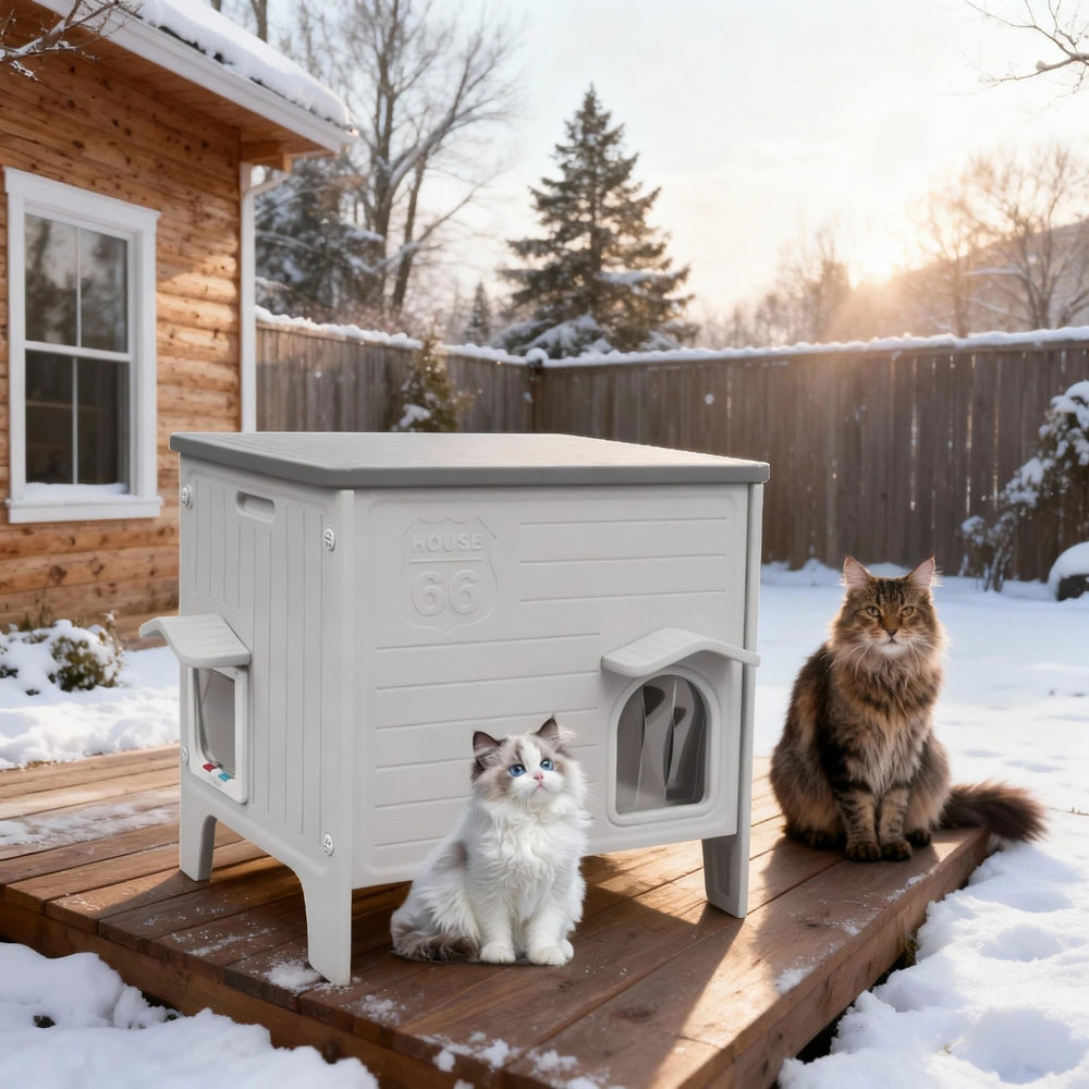 HiCaptain Weatherproof Cat House exterior grey view highlights durable, weather-ready shelter design