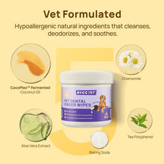 HICC PET wipes on dog-teeth area illustrating tartar reduction potential.