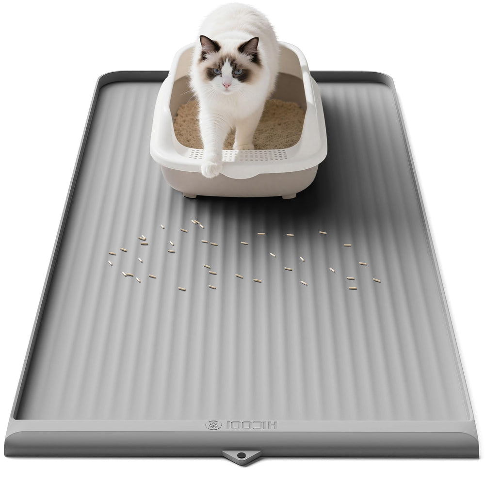 HICOOI cat litter mat 36x24 with raised edge traps litter for mess-free floors.