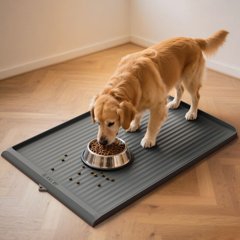 HICOOI dog food mat 36x24 with raised edges protects floors from spills.