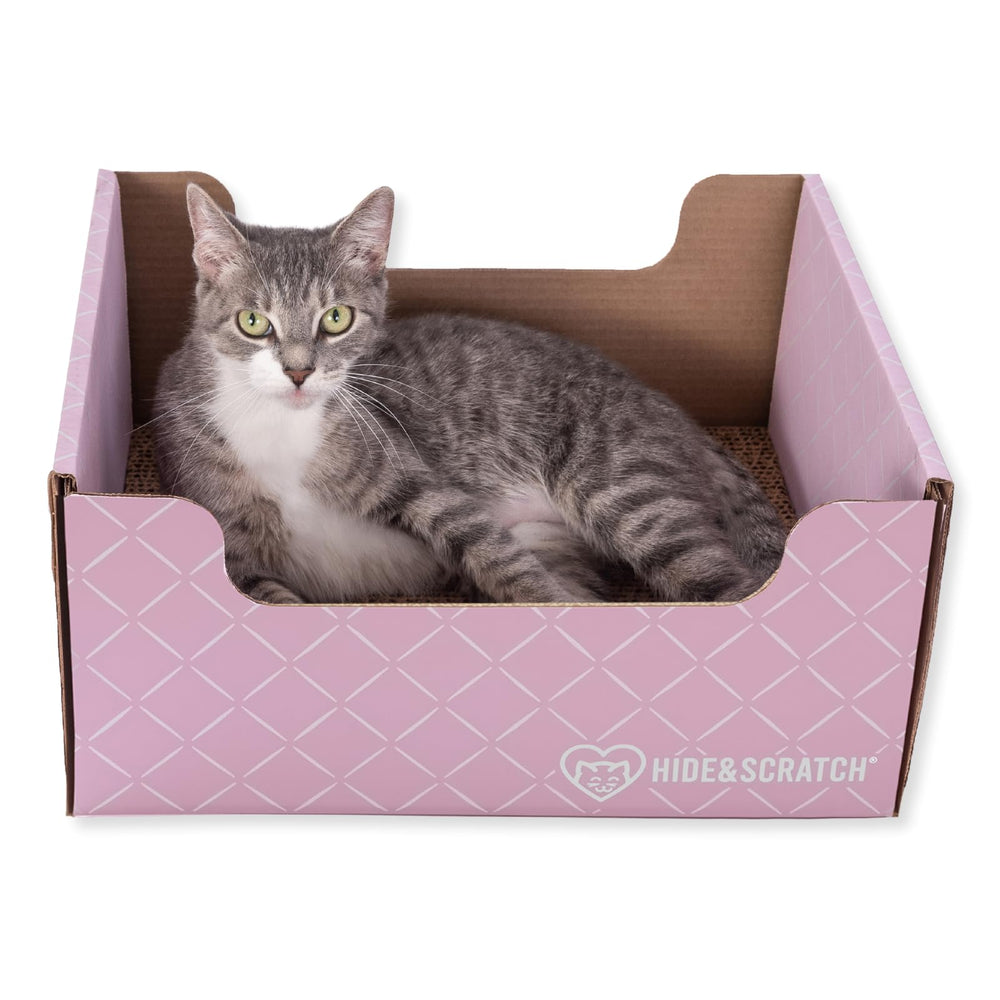 Hide & Scratch light pink diamond box left view, durable dual-sided scratcher for indoor cats.