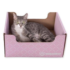 Hide & Scratch light pink diamond box left view, durable dual-sided scratcher for indoor cats.