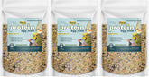 Higgins Protein Egg Food 3-pack bags showing real eggs and grains for healthy growth.