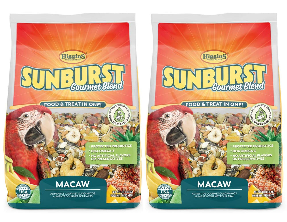 Higgins Sunburst Gourmet Macaw Food bags show a colorful seed mix for balanced meals.