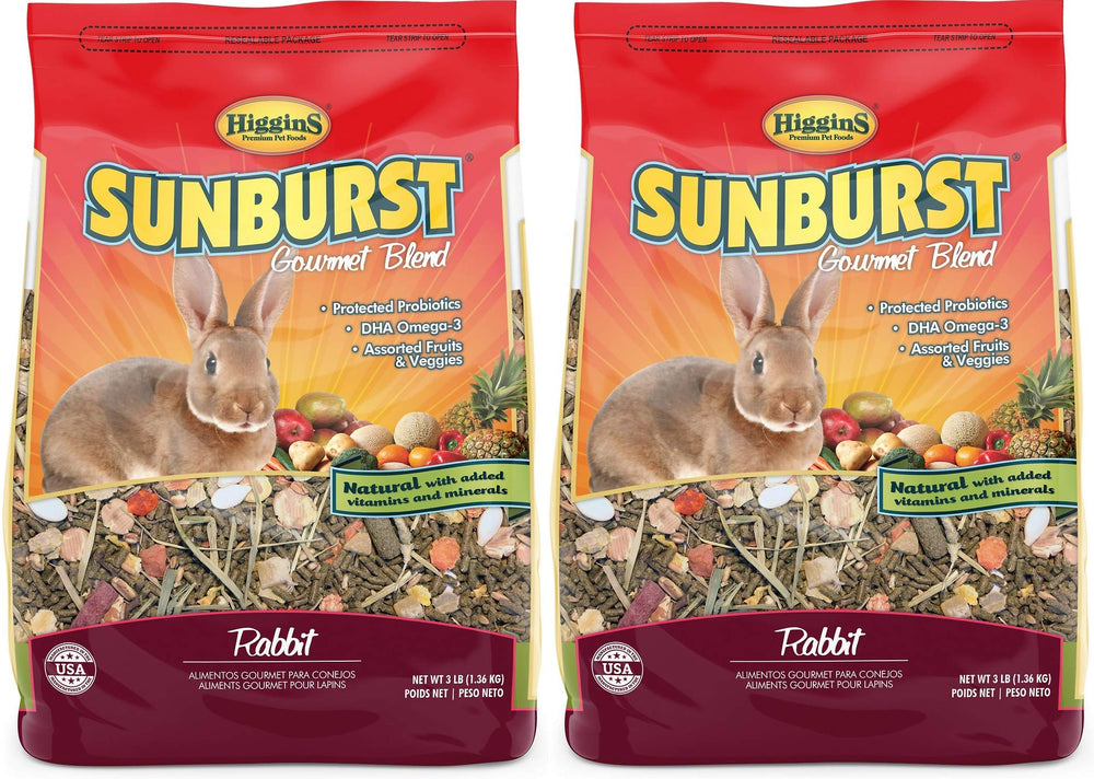 Higgins Sunburst Gourmet Rabbit Food 3 lb bag front view for premium nutrition.