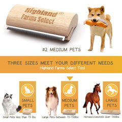 Highland Farms Select five inch stainless brush showing efficient fur removal for dogs cats and horses