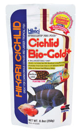 Hikari Cichlid Bio-Gold pellets packaging highlights premium nutrition for vibrant colors.