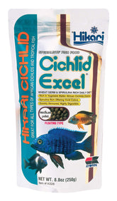 Hikari Cichlid Excel floating pellets bottle demonstrates easy-access feeding.