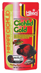 Hikari Cichlid Gold floating pellets bottle for easy feeding and portion control.