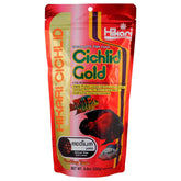 Hikari Cichlid Gold Medium 8-8oz bottle closeup for premium nutrition and color