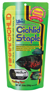 Hikari Cichlid Staple Floating Pellets bottle shows easy-dispense packaging for monitored feeding.